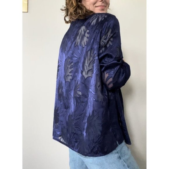VINTAGE Bonworth Sheer Patterned Purple Button Down Blouse L - Picture 2 of 6